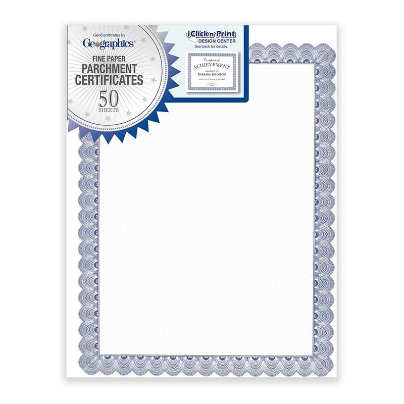 Geographics Blank Parchment Award Certificate Paper  8.5 x 11""  Elegant Blue Border Design (Pack of 50) - Image 1